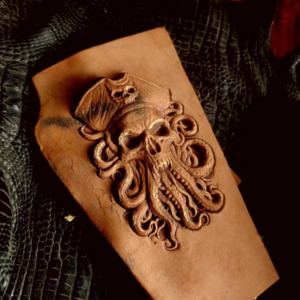 pirate skull leather press mold sample on vegetable tanned leather