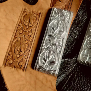 Flower pattern leather stamp mold with embossed vegetable-tanned leather border sample