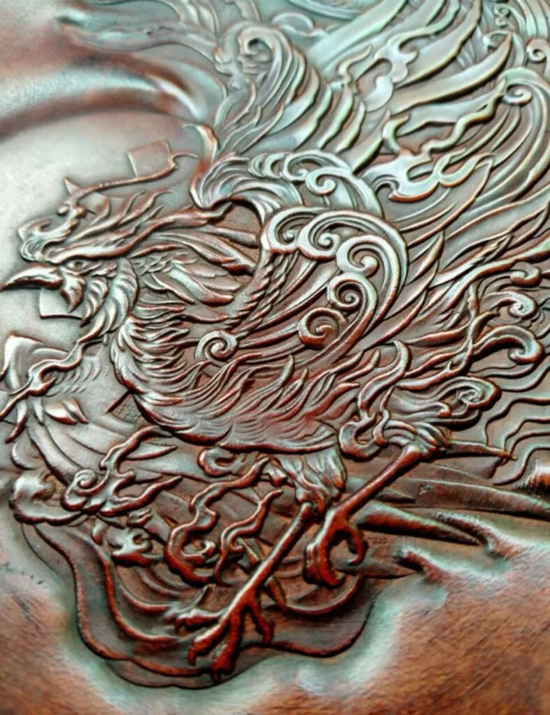 Phoenix leather stamp mold embossed leather close-up