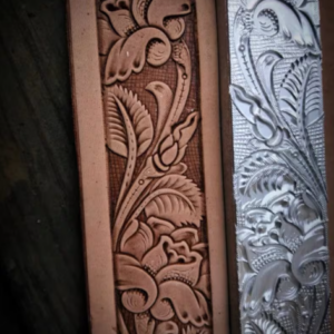 Rose border leather stamp mold with embossed vegetable-tanned leather border sample