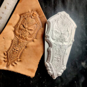 skull and crossbones leather stamp mold in 2A12 aluminum for vegetable tanned leather