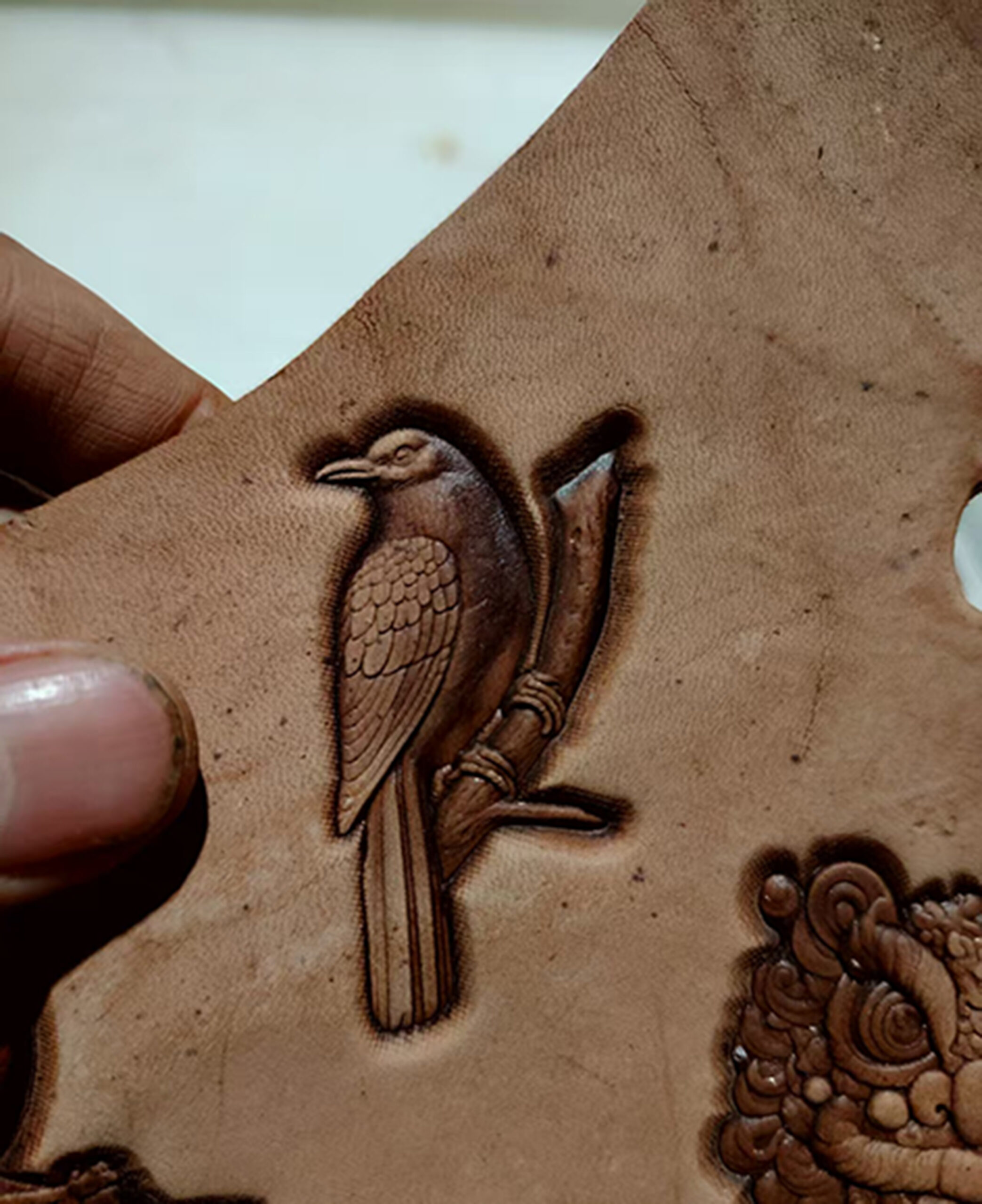 bird leather stamp impression on vegetable tanned leather
