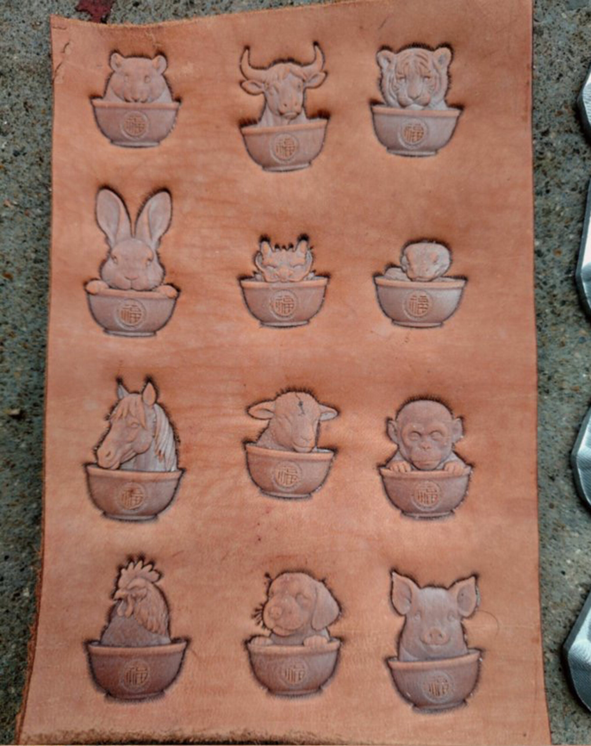 zodiac leather stamp impression on vegetable tanned leather