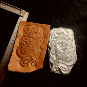medusa leather stamp mold on vegetable tanned leather