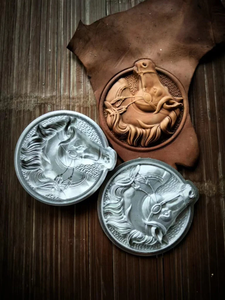 3d horse head leather embossing mold sample on leather