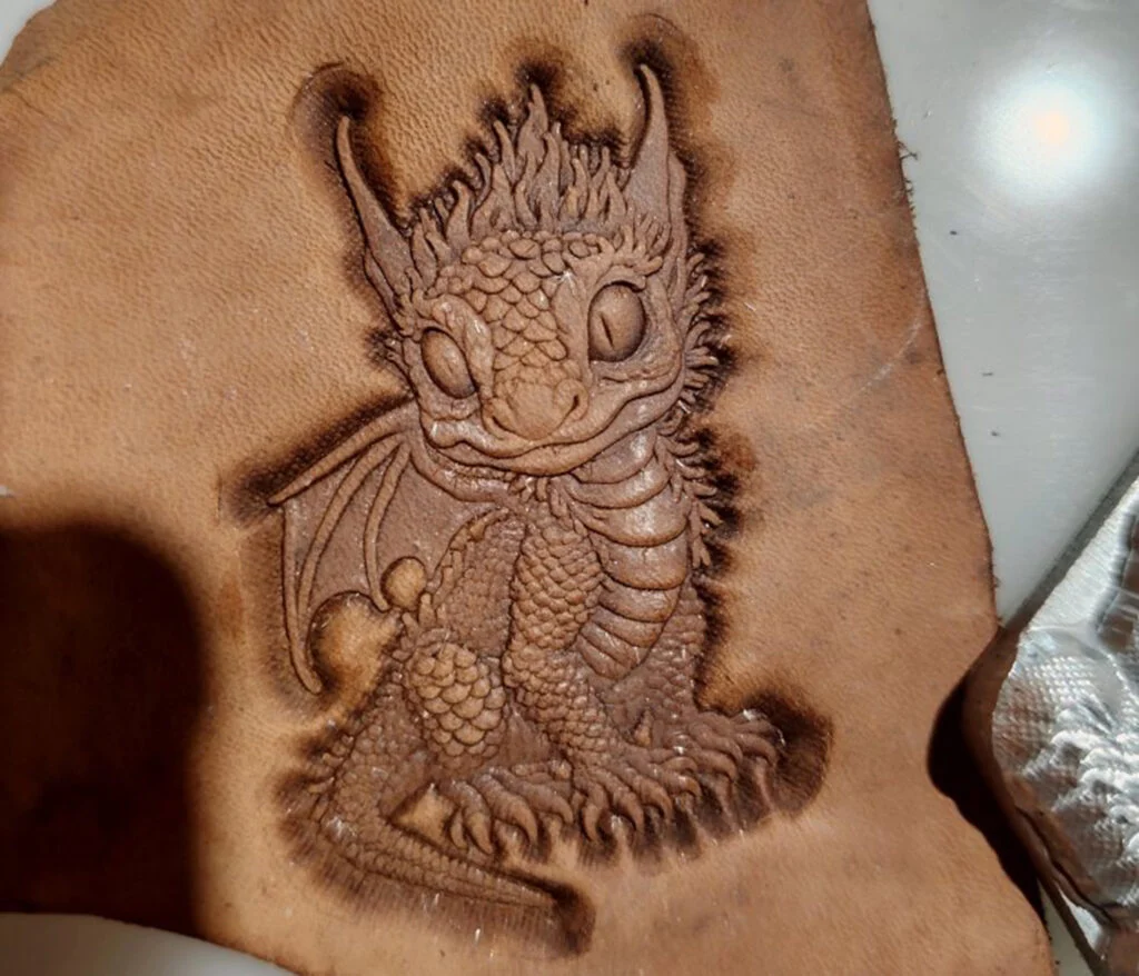 3D dragon leather stamp mold with embossed vegetable-tanned leather sample