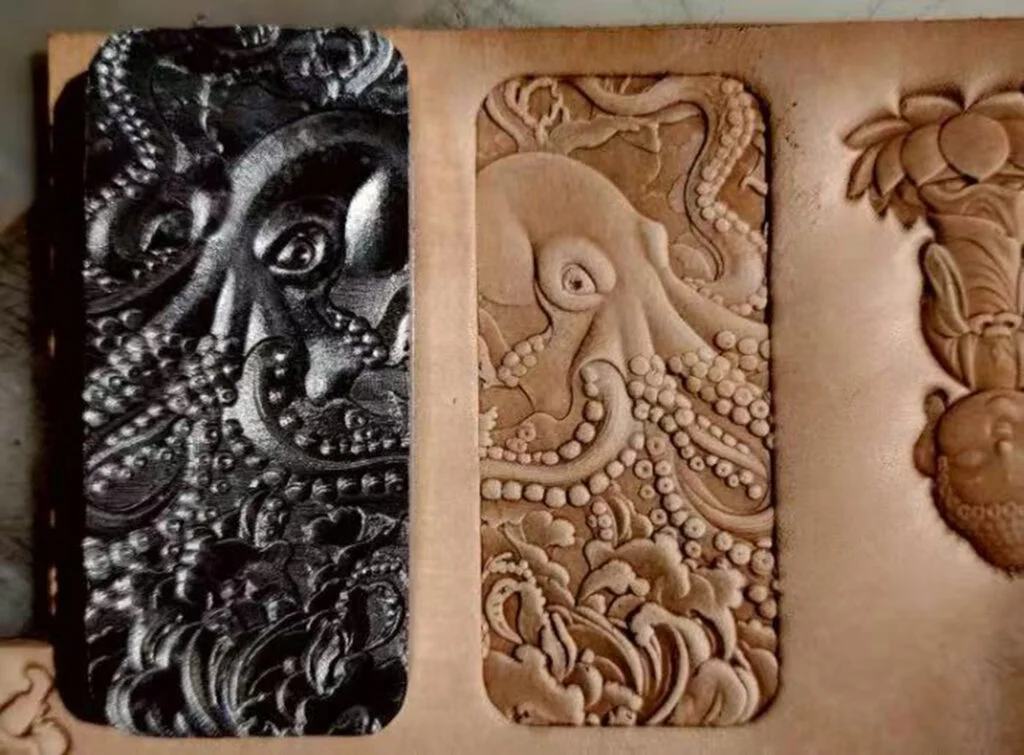 3D octopus leather stamp mold with embossed vegetable-tanned leather sample
