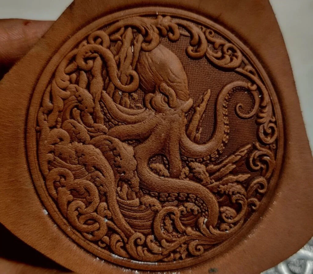 3D octopus leather stamp mold with round embossed vegetable-tanned leather sample
