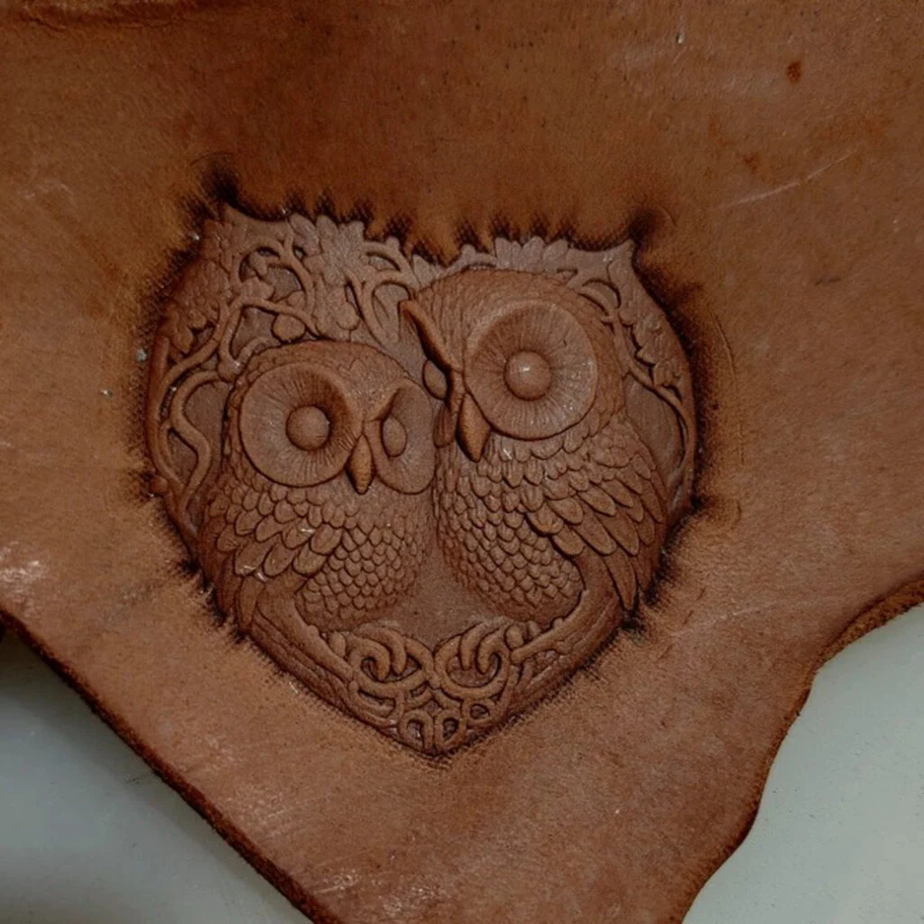 Owl leather stamp mold with embossed vegetable-tanned leather sample