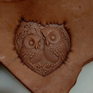 Owl leather stamp mold with embossed vegetable-tanned leather sample