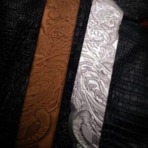 Tiger leather stamp mold in A212 duralumin with embossed leather sample
