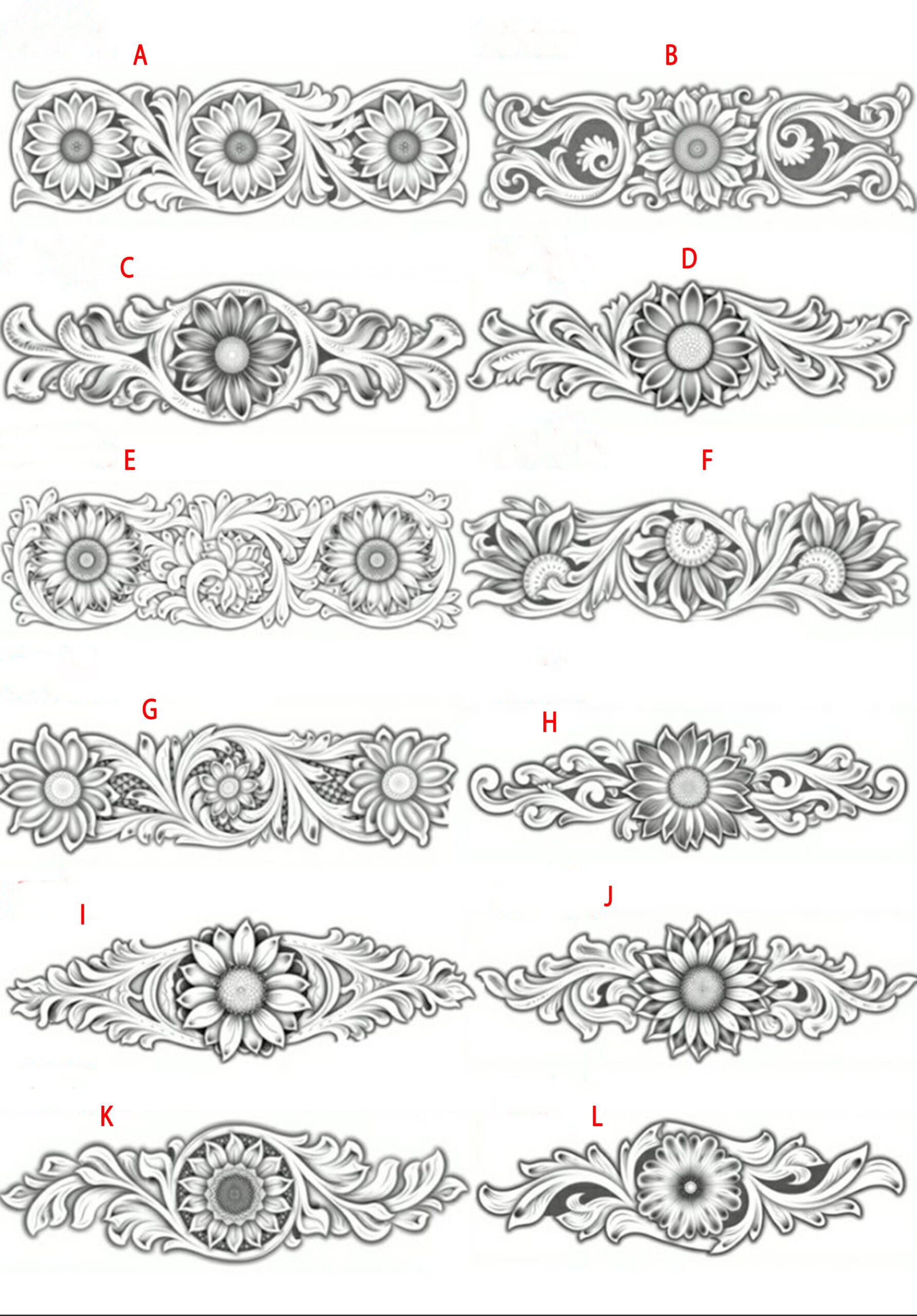 custom flora leather stamp in 2A12 aluminum with decorative floral border patterns