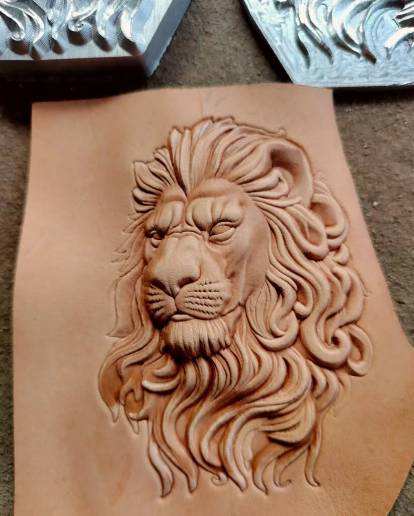 lion head leather embossing mold on vegetable tanned leather