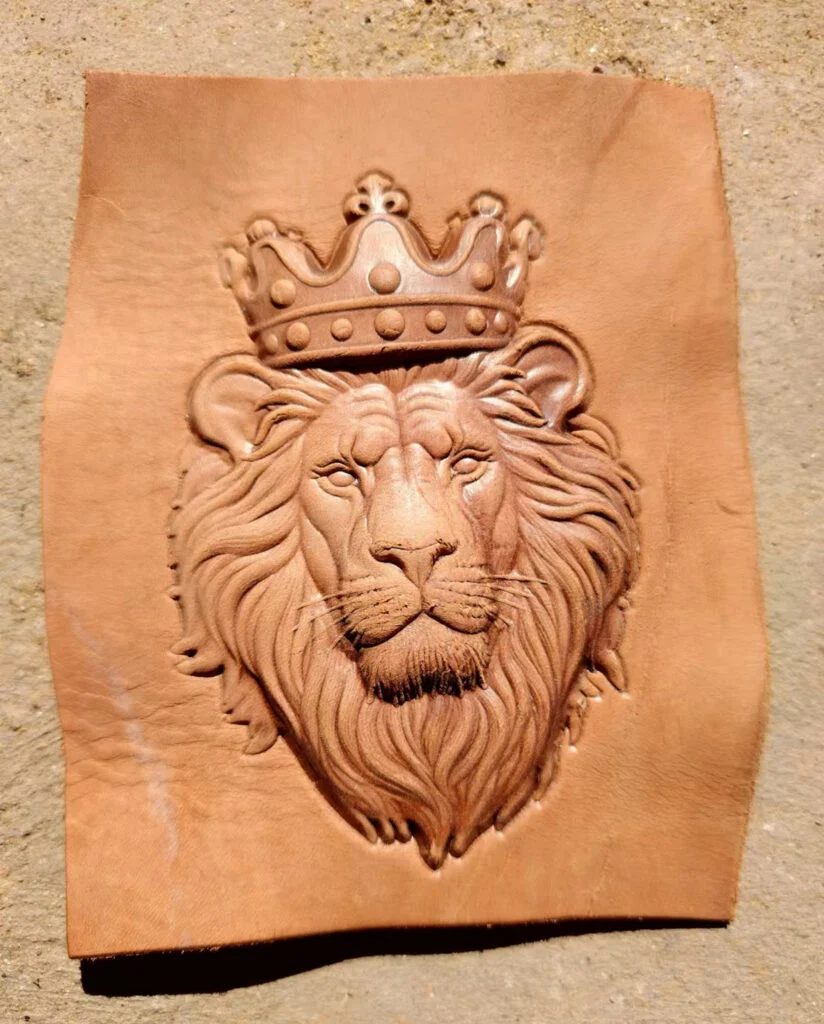 Lion King leather stamp mold with embossed vegetable-tanned leather sample