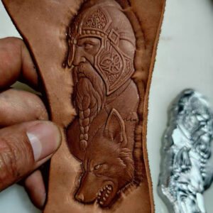 Fantasy leather embossing mold with Viking warrior and wolf design