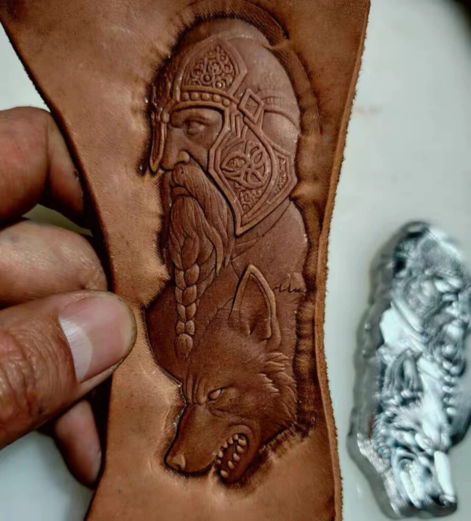 Fantasy leather embossing mold with Viking warrior and wolf design