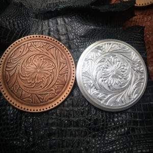 Floral leather stamp mold with round embossed vegetable-tanned leather sample