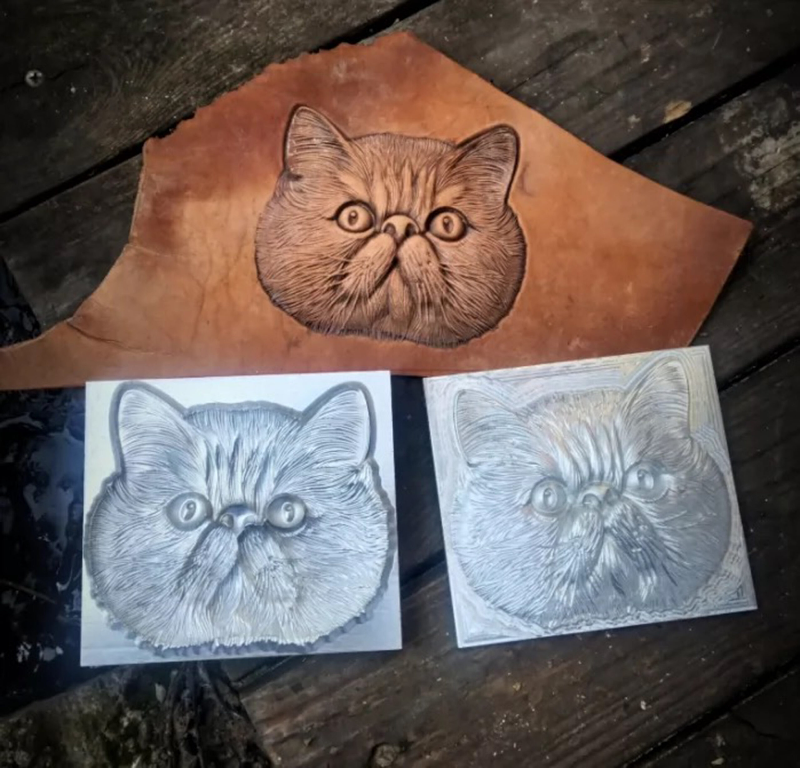 Cat leather stamp mold impression on real leather