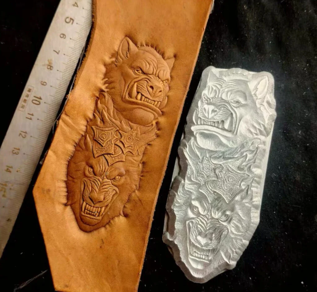 Wolf head leather stamp mold with embossed leather sample