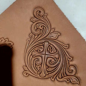 Arabesque cross leather stamp mold with embossed vegetable-tanned leather sample