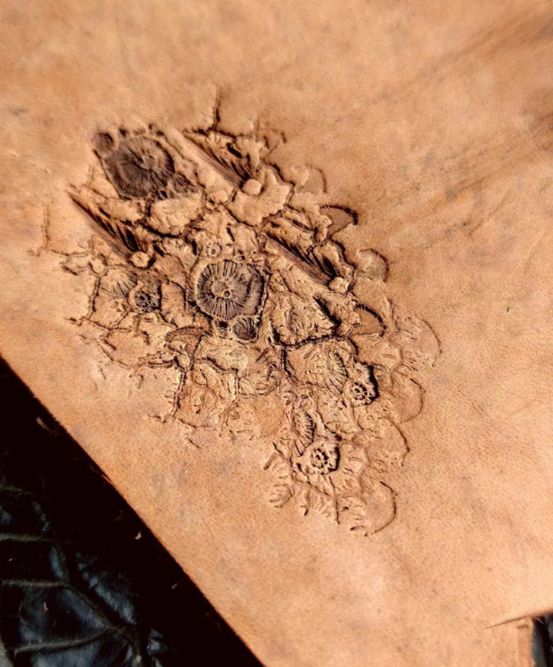 crater leather stamp impression on vegetable tanned leather