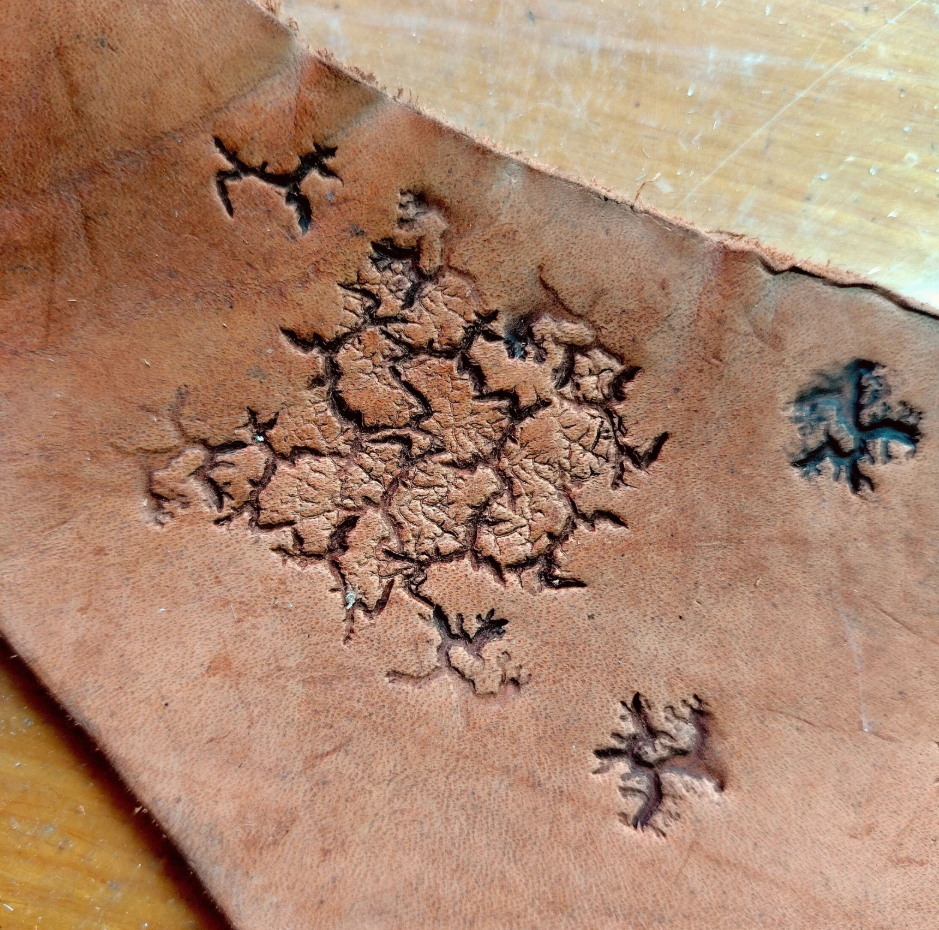 close up of crater texture leather stamp detail
