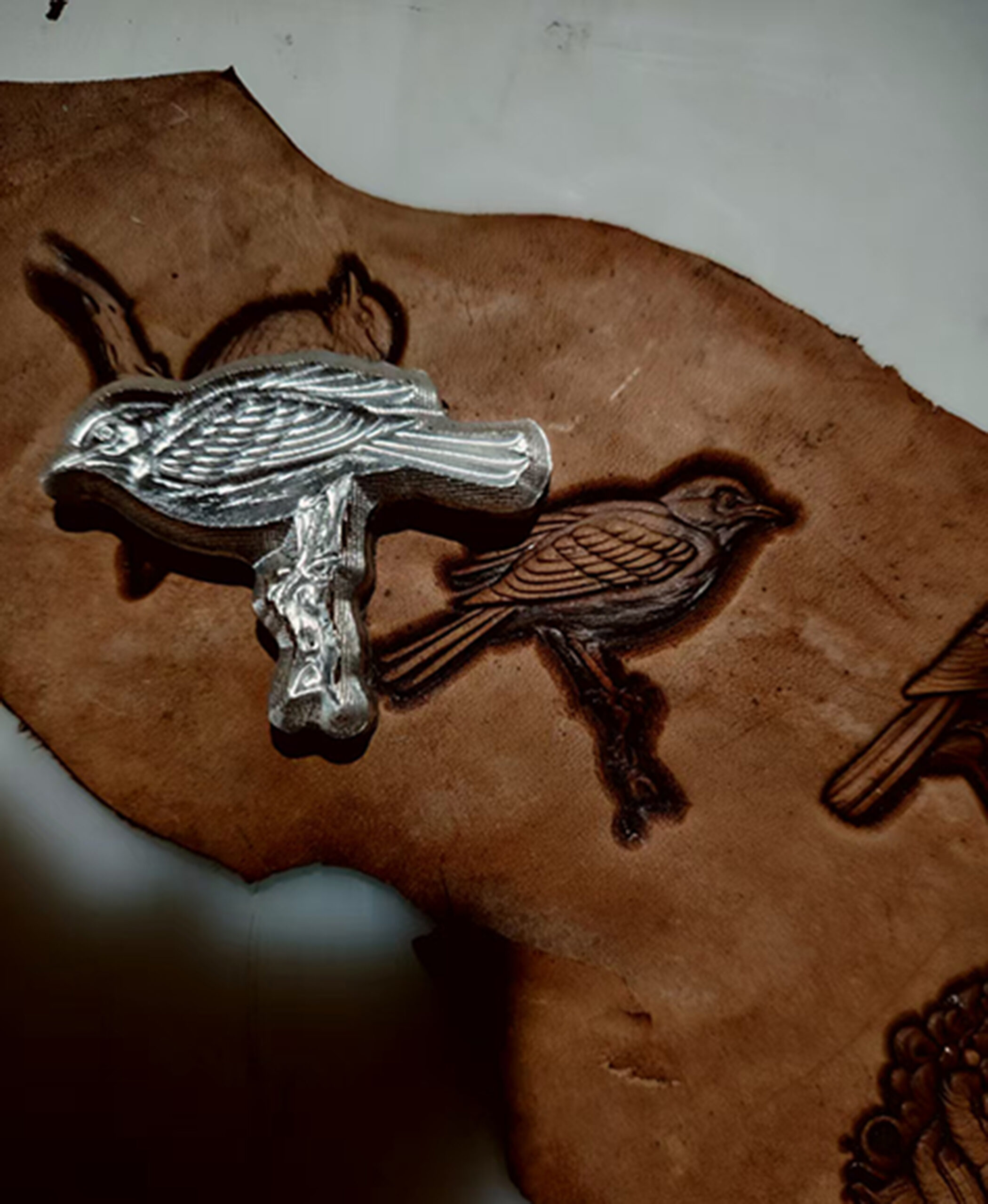 bird leather stamp impression on vegetable tanned leather