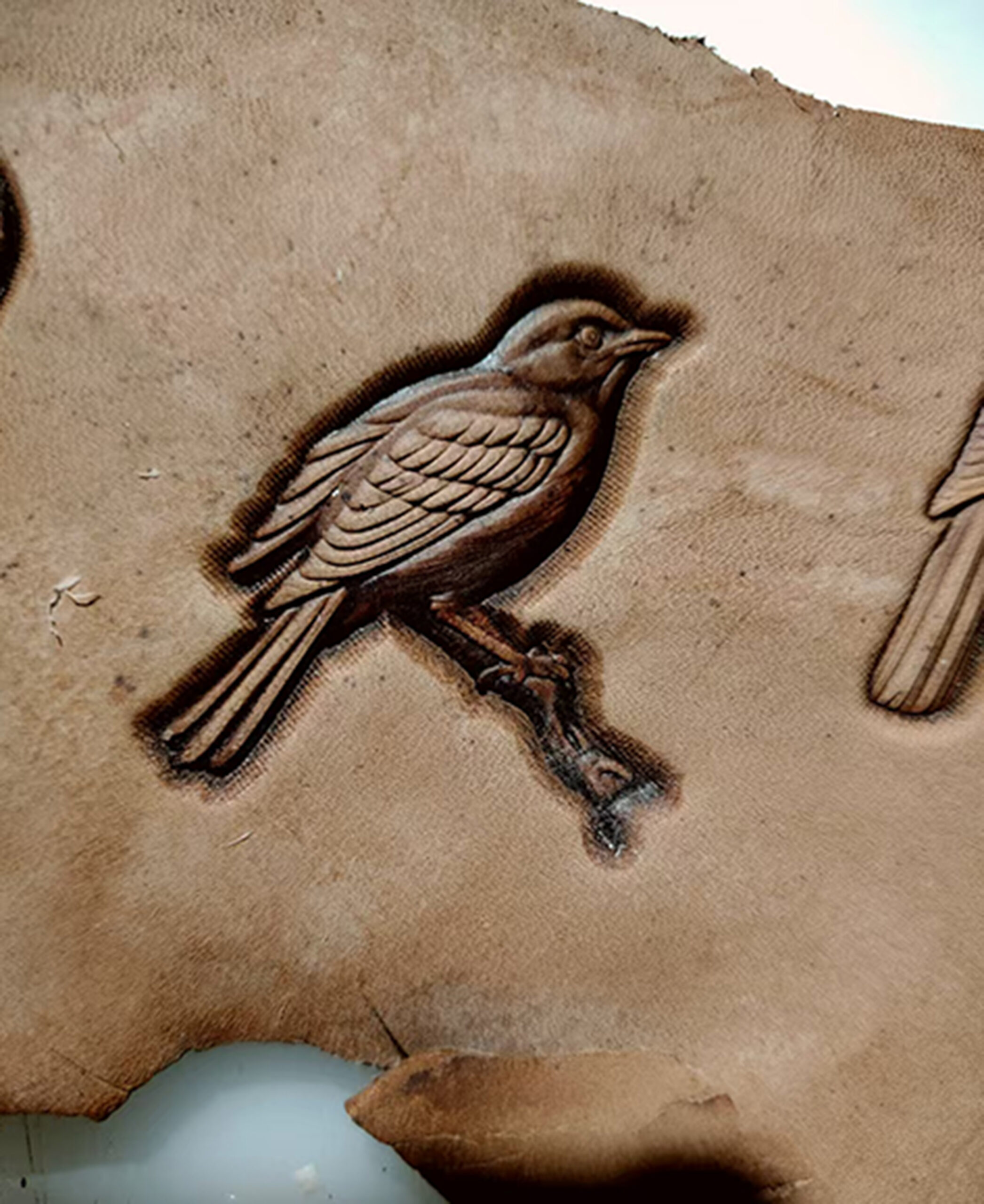 bird leather stamp impression on vegetable tanned leather