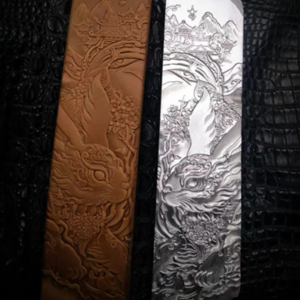 Bunny leather stamp mold in 2A12 duralumin with embossed leather sample