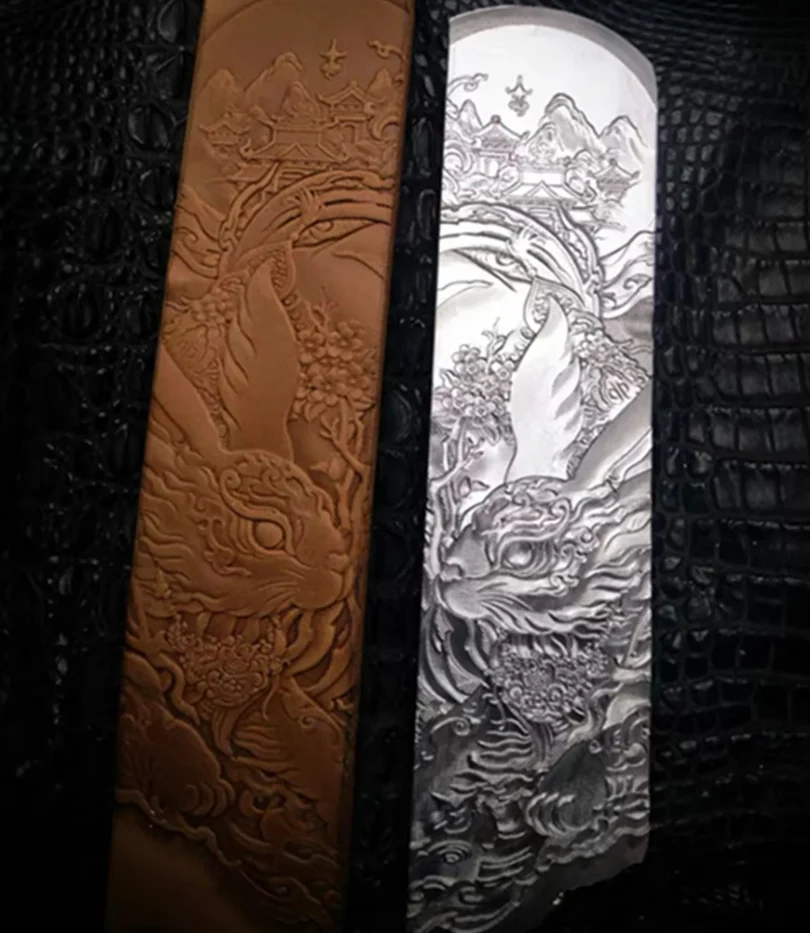 Bunny leather stamp mold in 2A12 duralumin with embossed leather sample