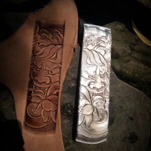 Yaksha leather stamp mold in 2A12 duralumin with embossed leather sample