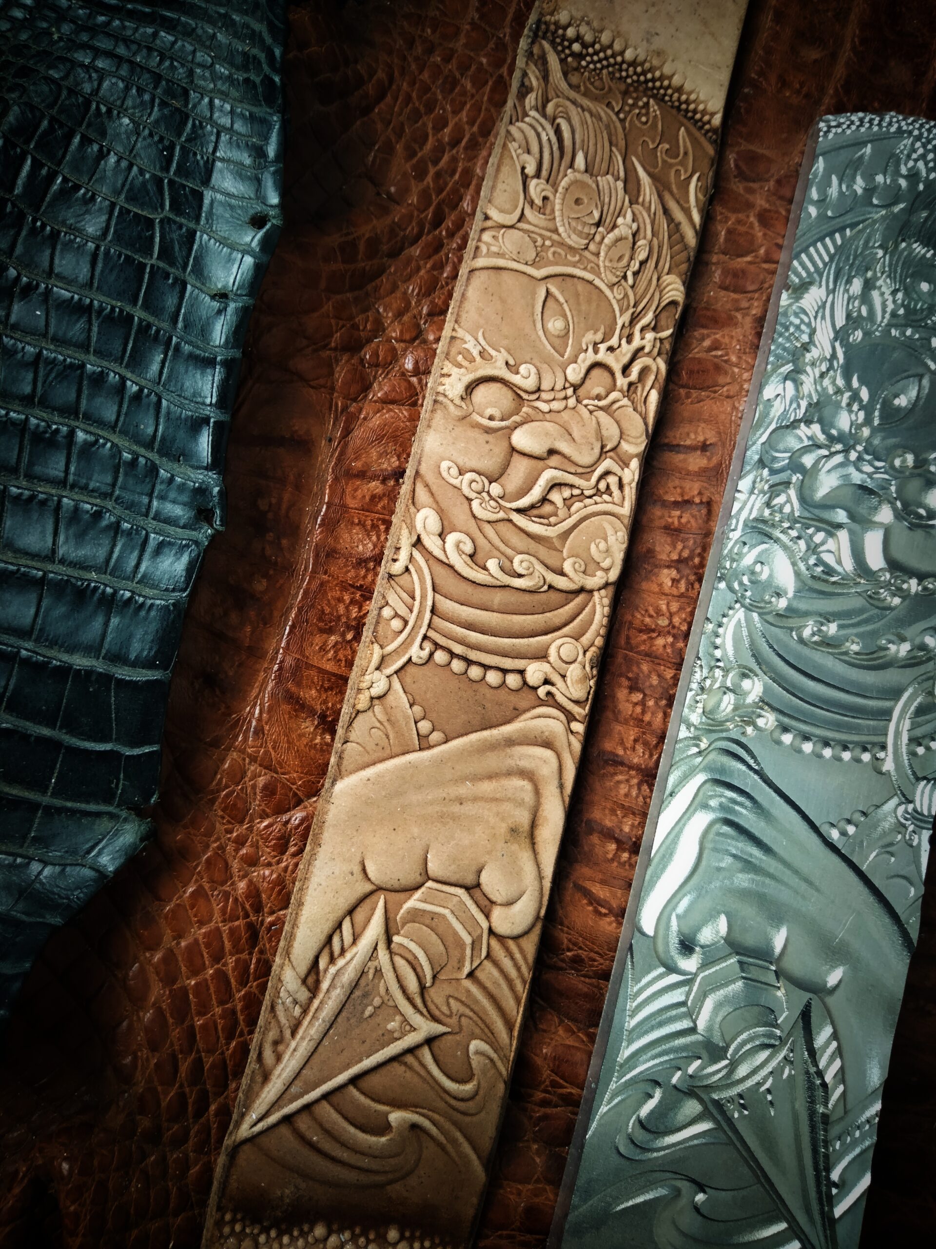 close up of vintage zhongkui leather stamp mold detail