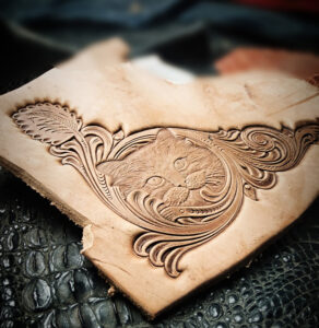 Cat leather stamp mold detail on leather