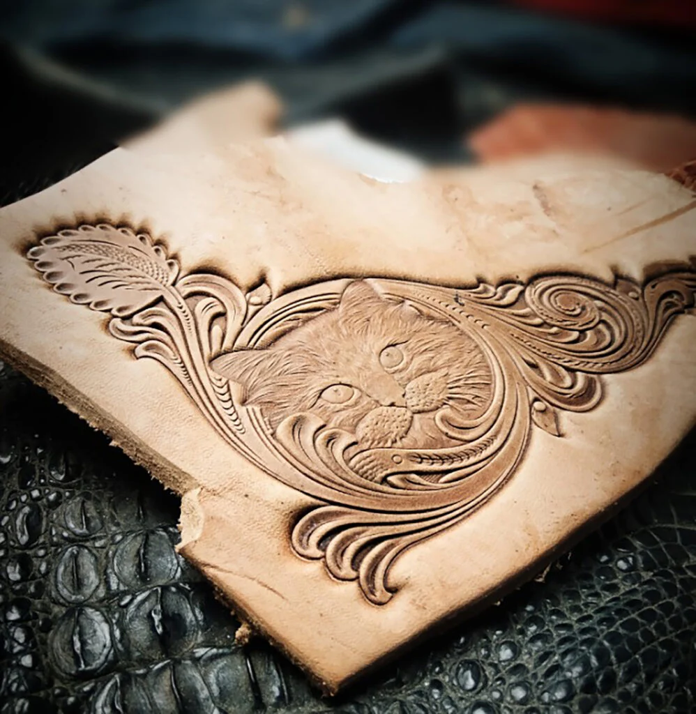 Cat leather stamp mold detail on leather