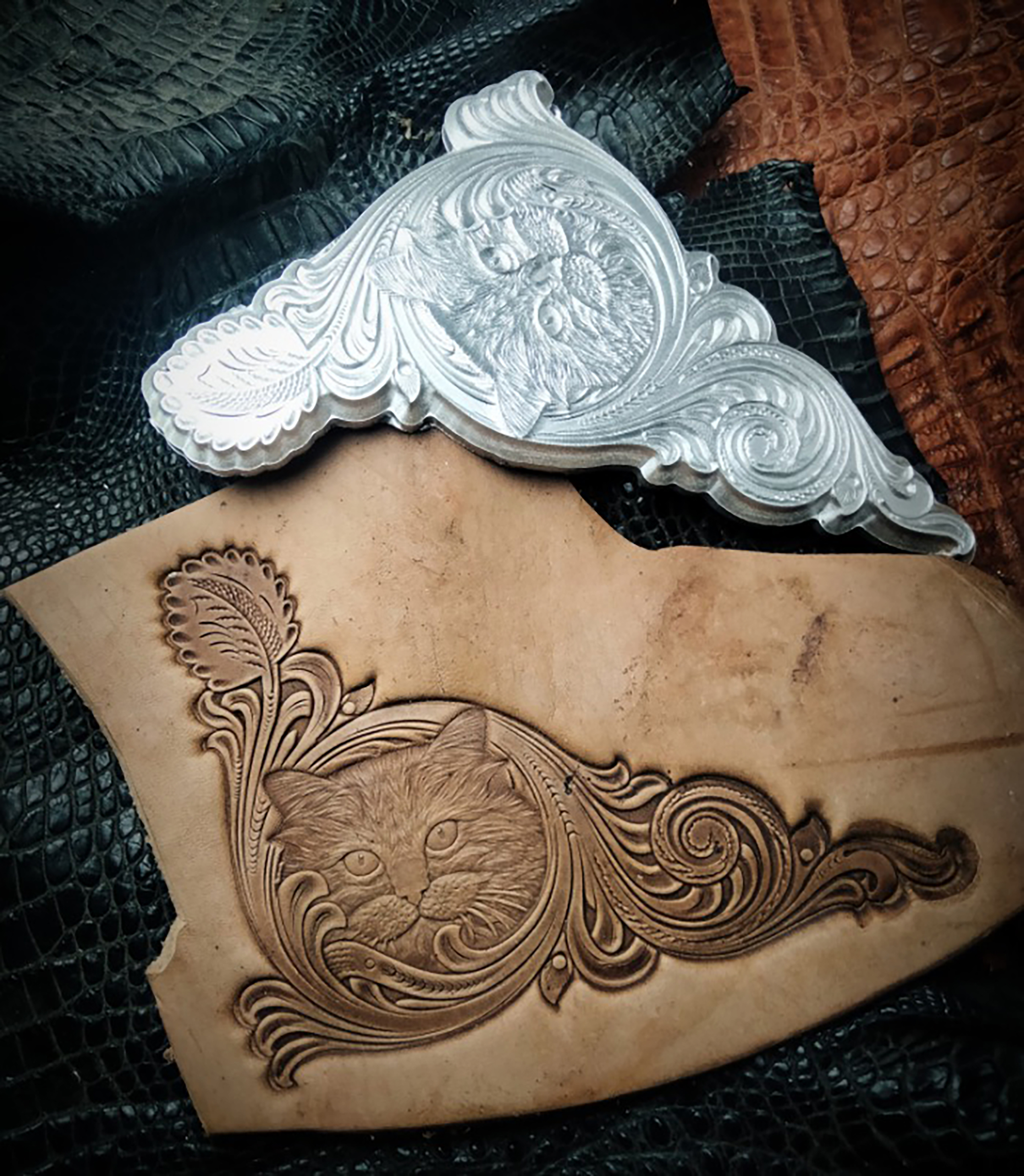 Cat and Dog leather stamp mold impression on real leather