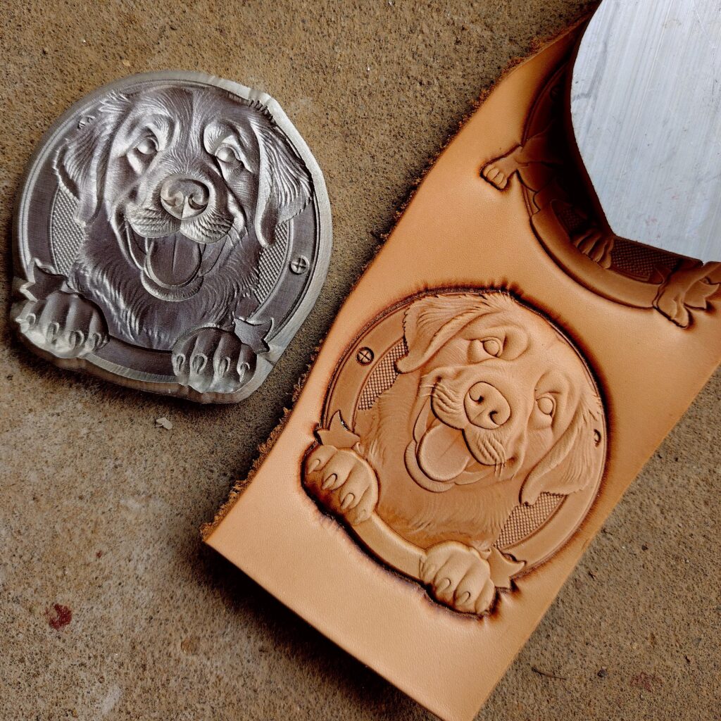 Dog leather stamp mold and its matching embossed vegetable-tanned leather impression
