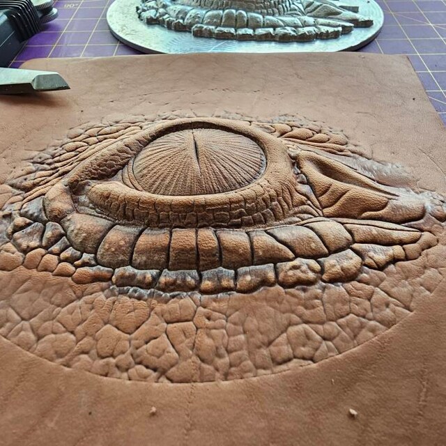 Detailed dragon eye leather stamp mold impression