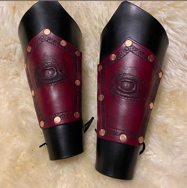 Leather bracers embossed with a dragon eye stamp mold
